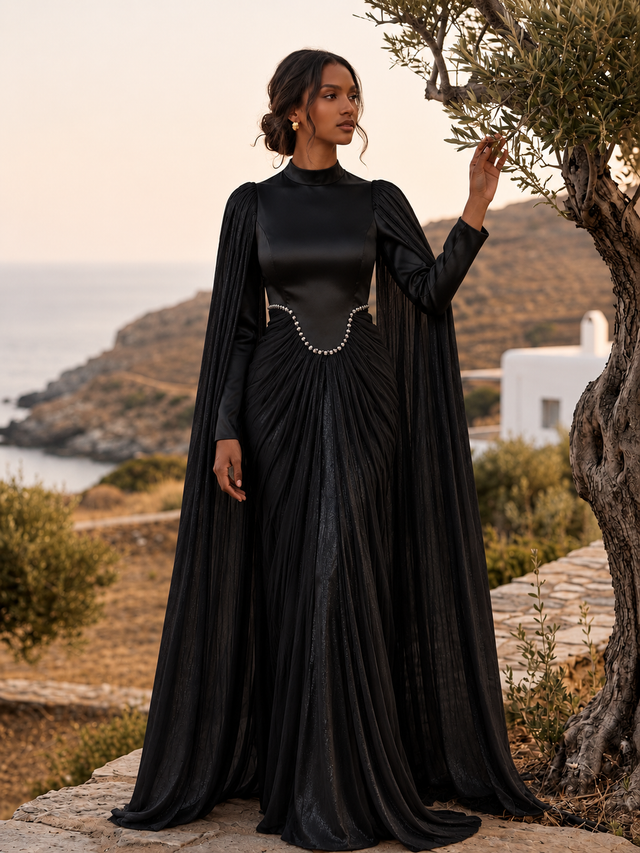 Black Rhinestone Cape Gown