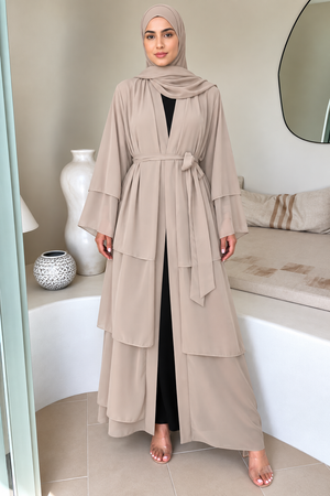 Taupe Tiered Open Abaya and Hijab Set