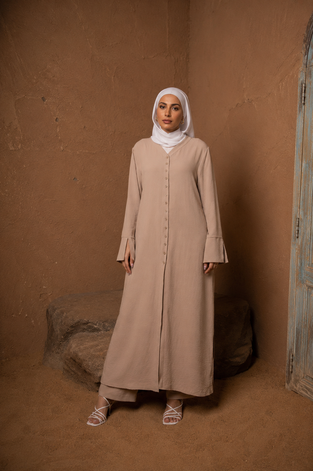 Woman wearing Beige Longline Abaya and Pants Set by Urban Modesty