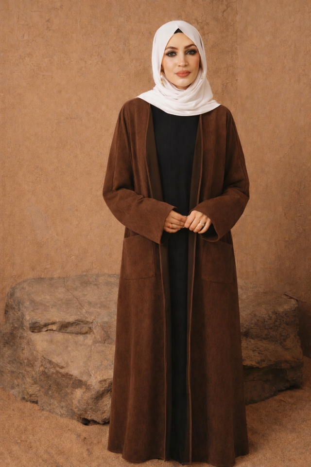Woman wearing Suede Open Abaya with pockets by Urban Modesty