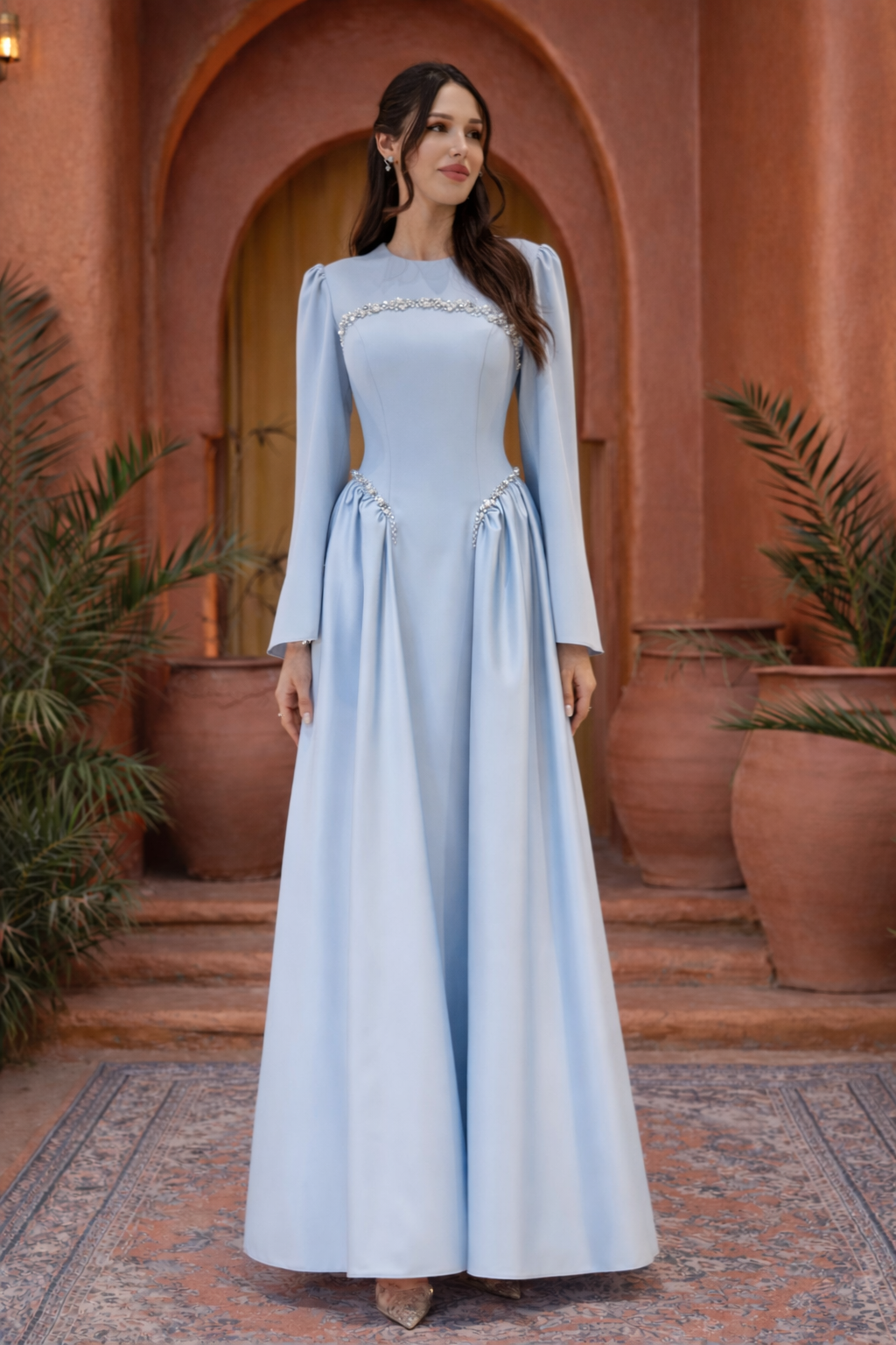 baby blue modest dress Cap Sleeved Top Blue A-line Tulle Maxi See Through Sheer Prom Dress main image 0