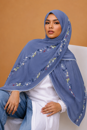 Denim Blue Floral Trim Printed Chiffon Hijab