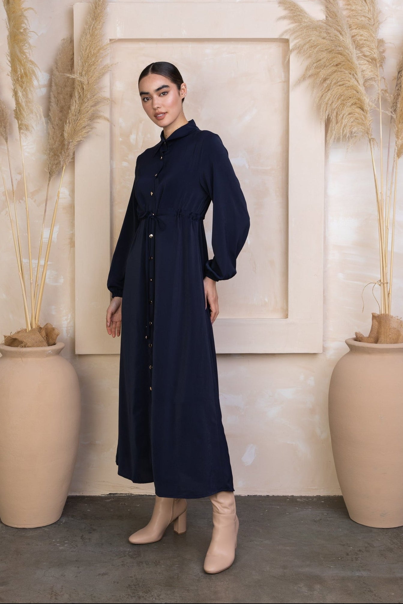 Navy Button Down Drawstring Non-Sheer Maxi Dress – Urban Modesty