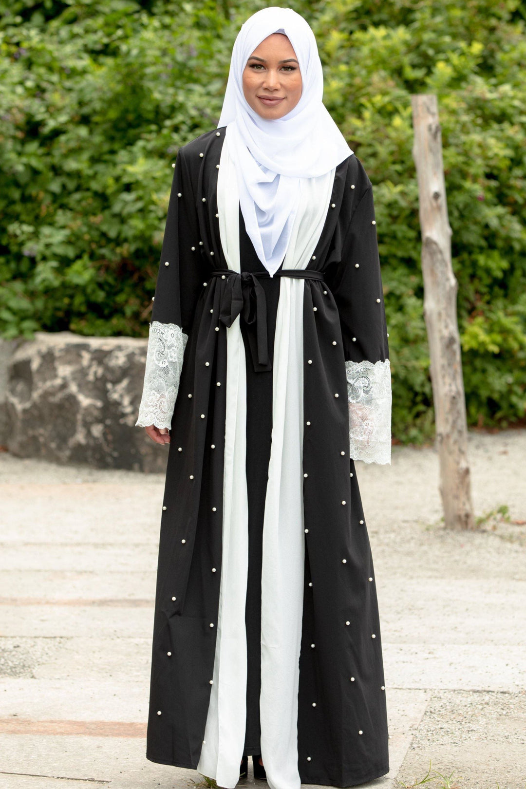 Urban Modesty - Black and White Pearl Open Front Abaya-CLEARANCE