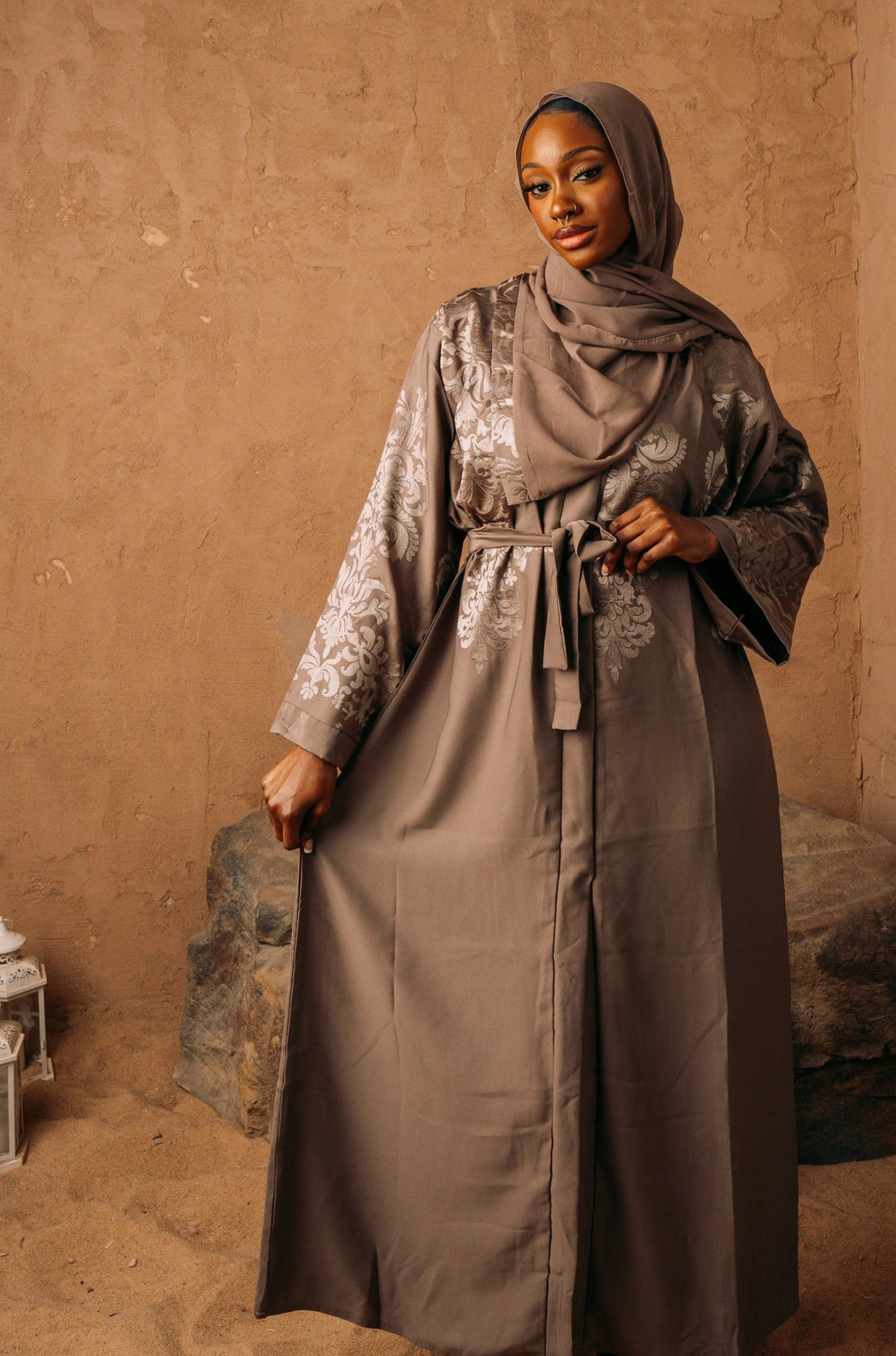 Urban Modesty - Brown Damask Embroidered Kimono Sleeve Open Abaya