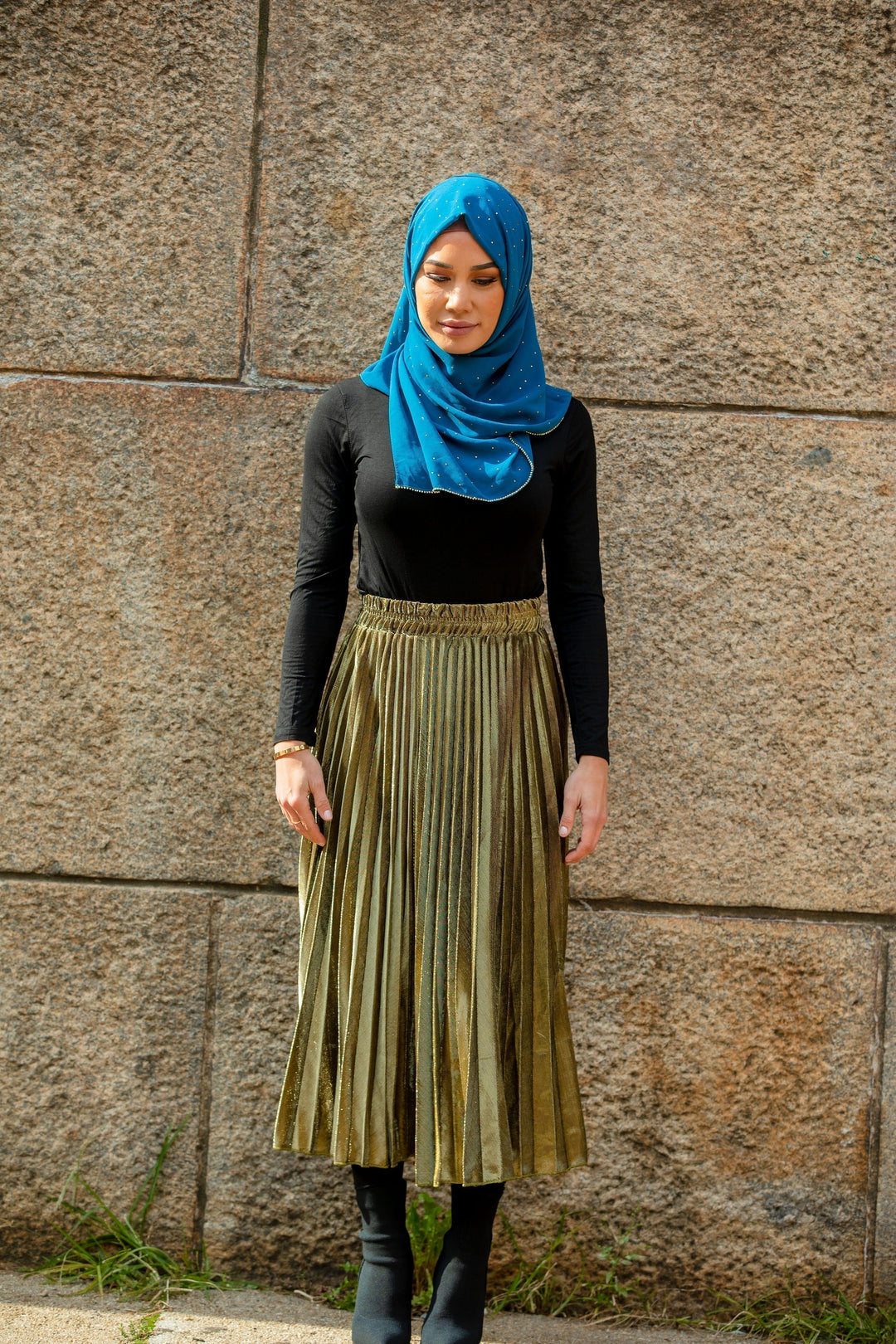 Urban Modesty - Gold Metallic Pleated Chiffon Maxi Skirt-CLEARANCE