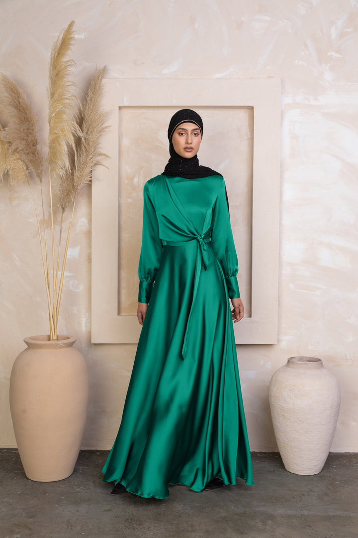 Urban Modesty - Green Diana Side Knot Satin Gown
