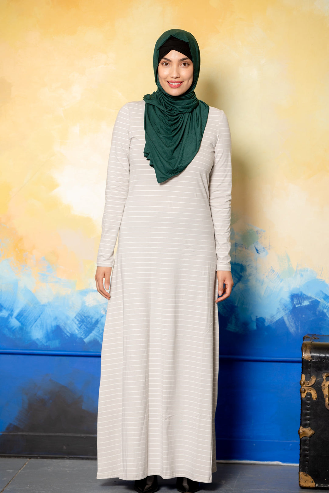 Urban Modesty - Heather Gray Striped Long Sleeve Maxi Dress-CLEARANCE