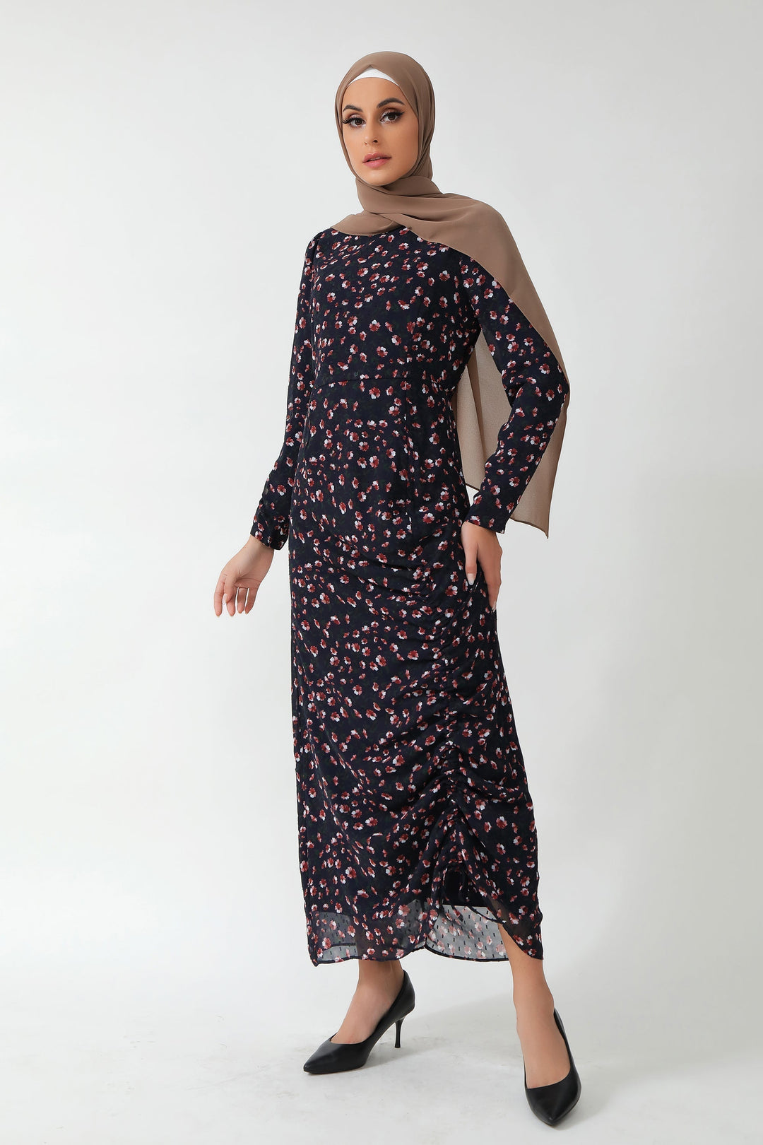 Urban Modesty - Navy Floral Ruched Maxi Dress