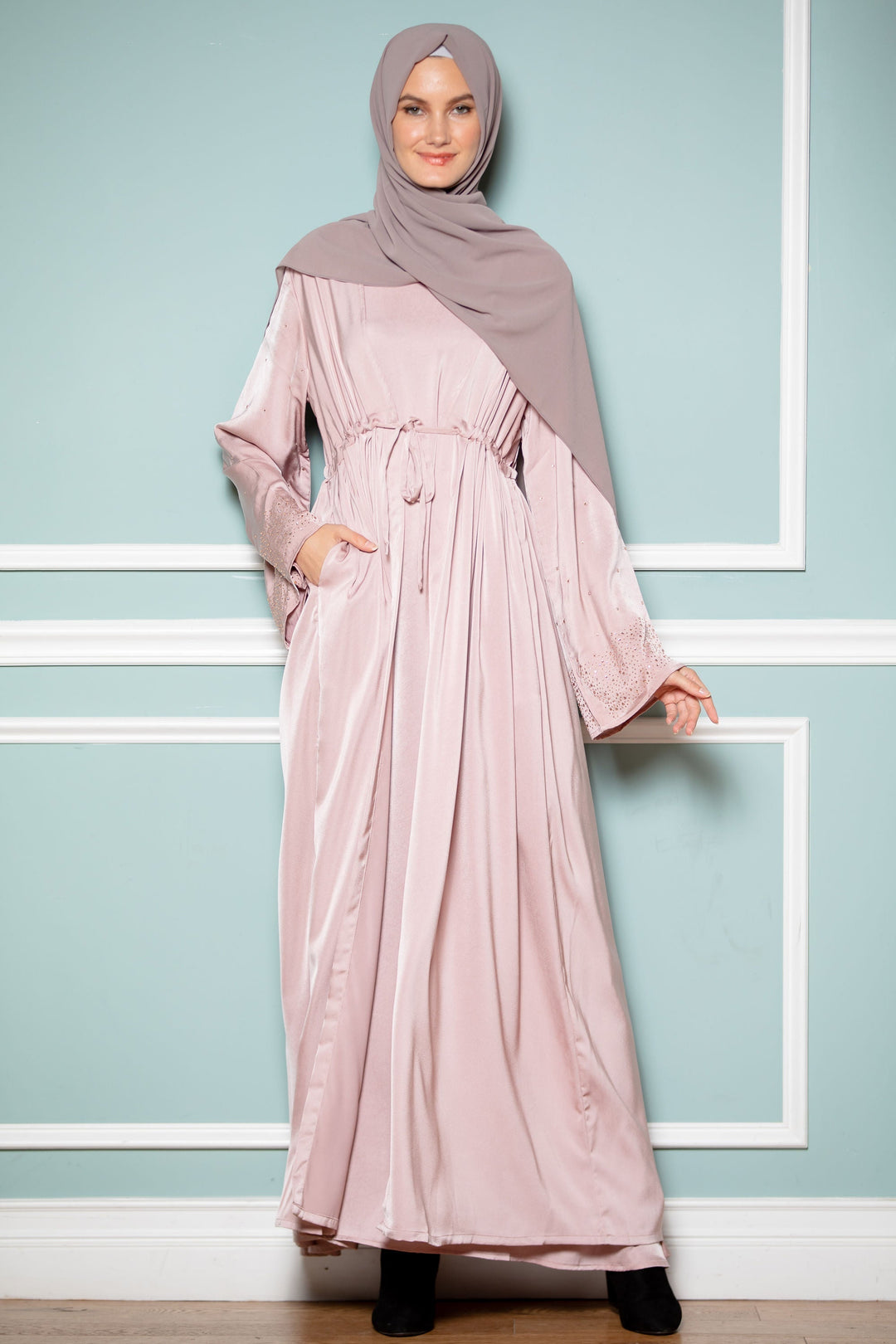 Urban Modesty - Pink Satin Drawstring Open Front Abaya