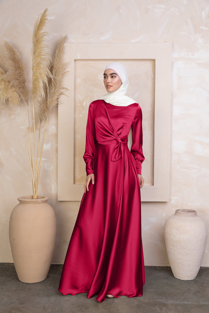 Urban Modesty - Red Diana Side Knot Satin Gown