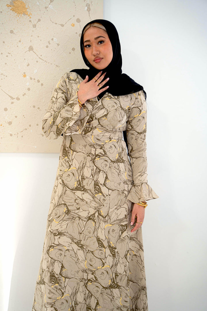Urban Modesty - Sand Marble Flutter Long Sleeve Maxi Dress
