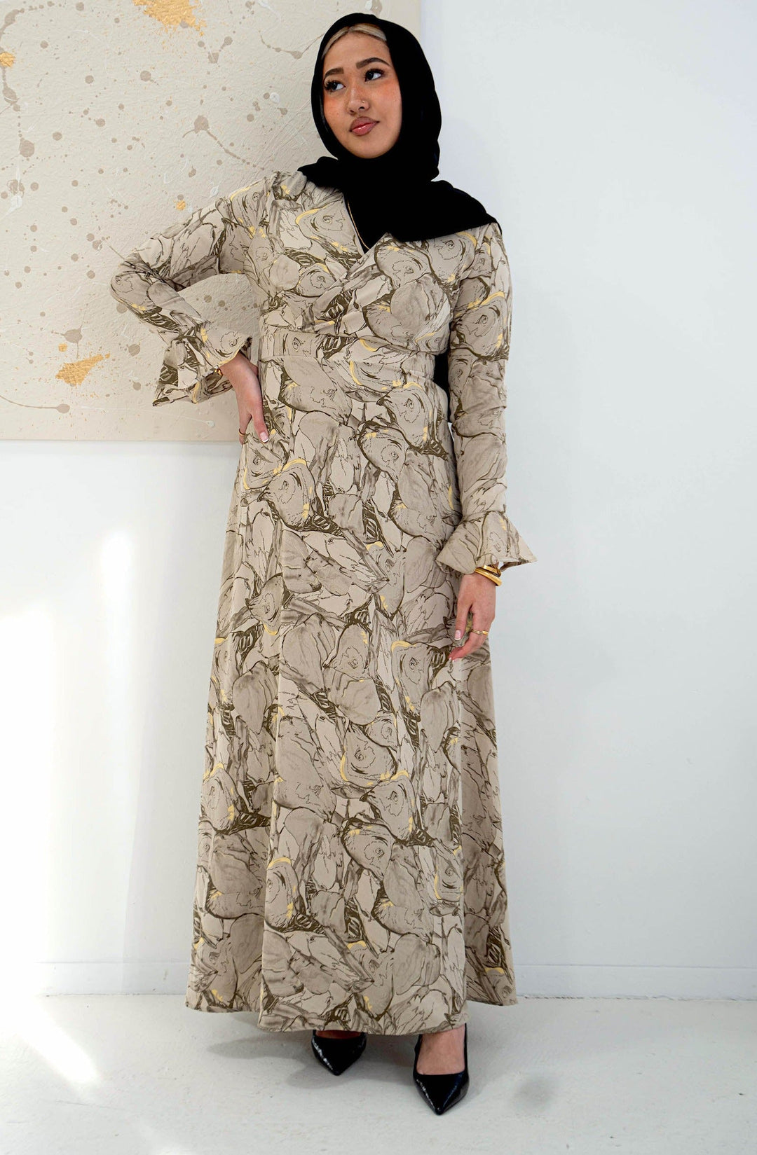 Urban Modesty - Sand Marble Flutter Long Sleeve Maxi Dress