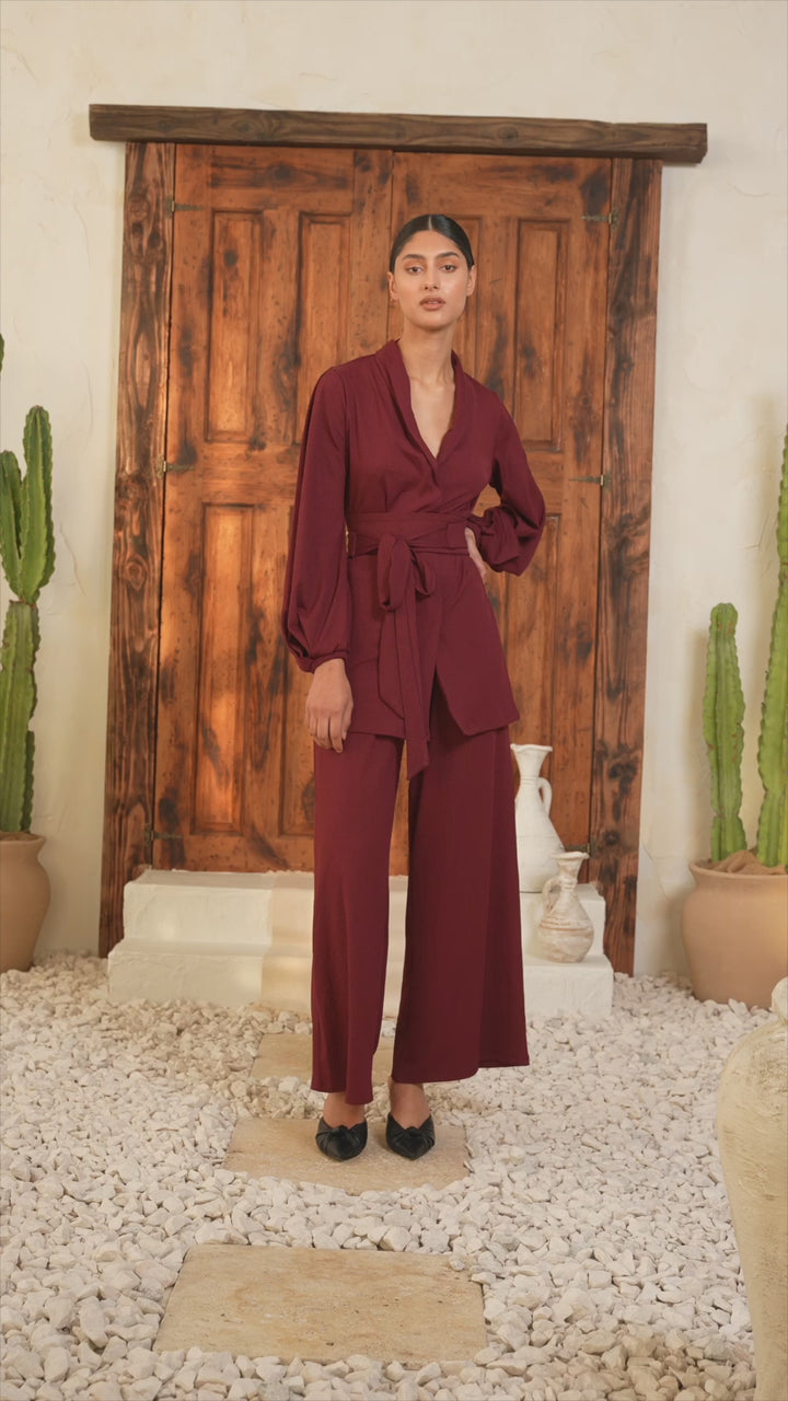 Maroon Belted Ribbed Tunic & Pants Set