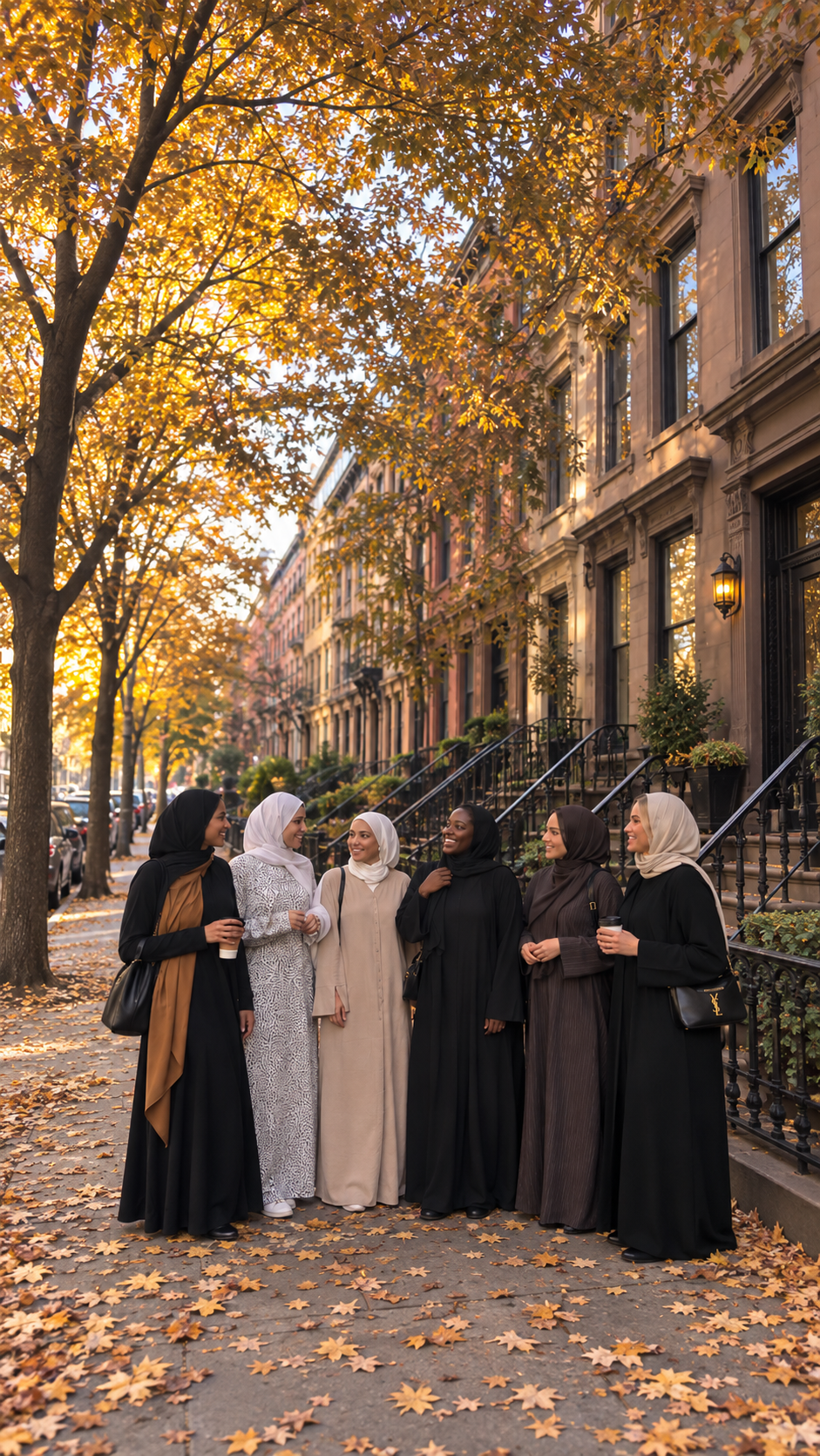 Two women wearing modern modest Abayas in neutral tones with a natural backdrop.