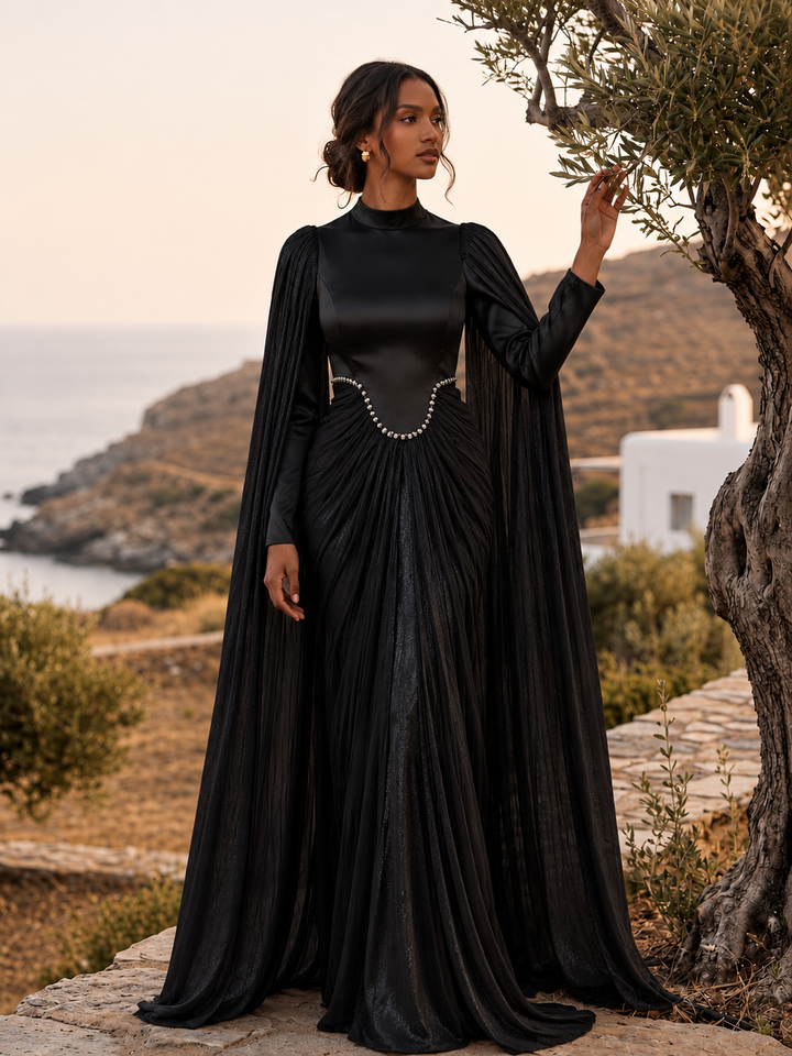 Black Rhinestone Cape Gown