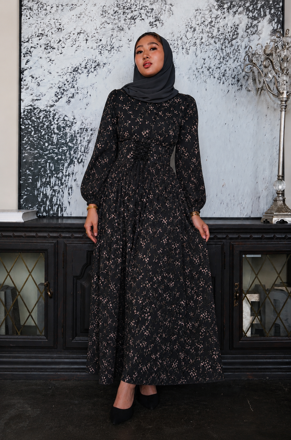 Black Floral Print Maxi Dress