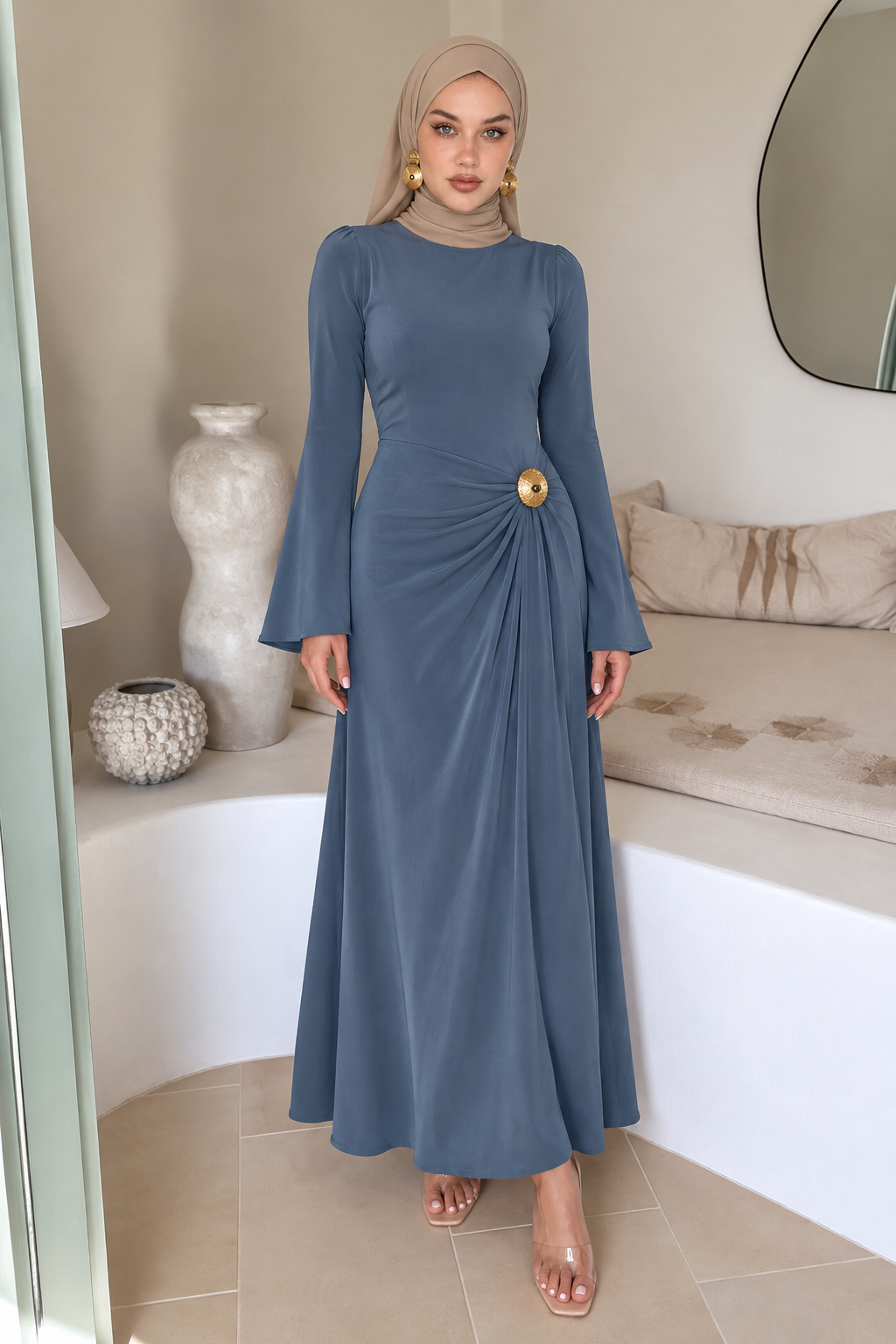 Side Draped Buckle Maxi Dress