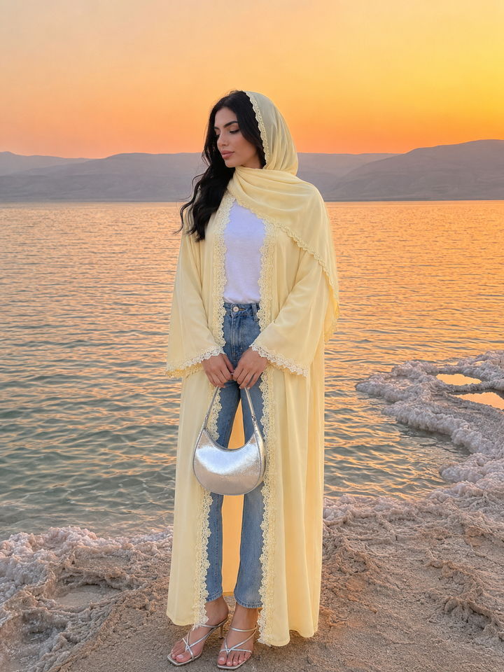 Butter Yellow Floral Trim Abaya and Hijab Set