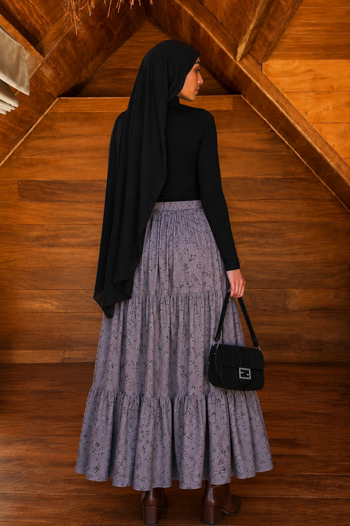 Gray Floral Tiered Maxi Skirt