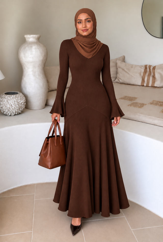 Brown Flutter Sleeve Sweater Dress