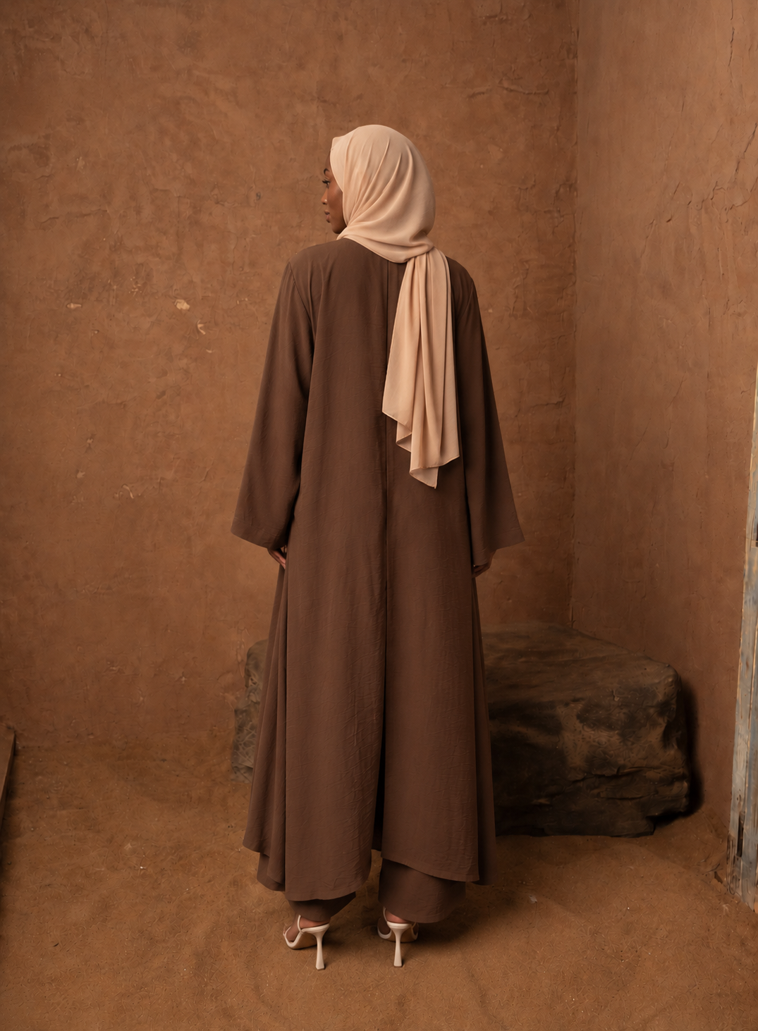 Brown Three Piece Pants Abaya Set