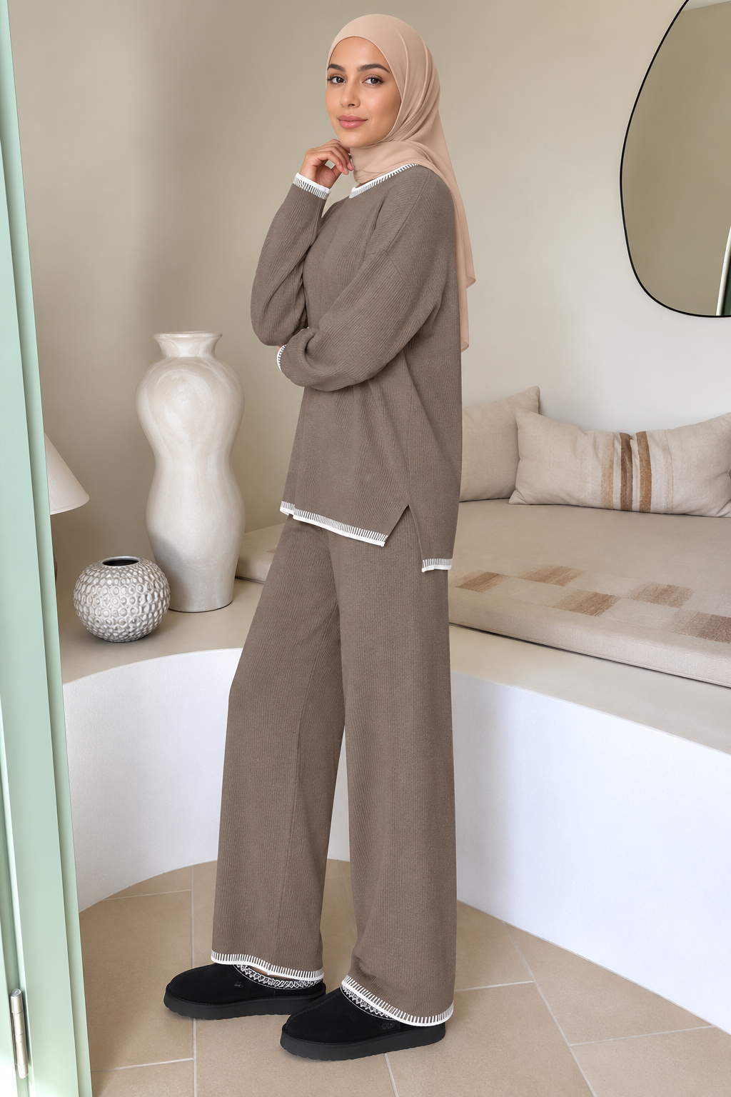 Taupe and White Trim Sweater and Pant Set