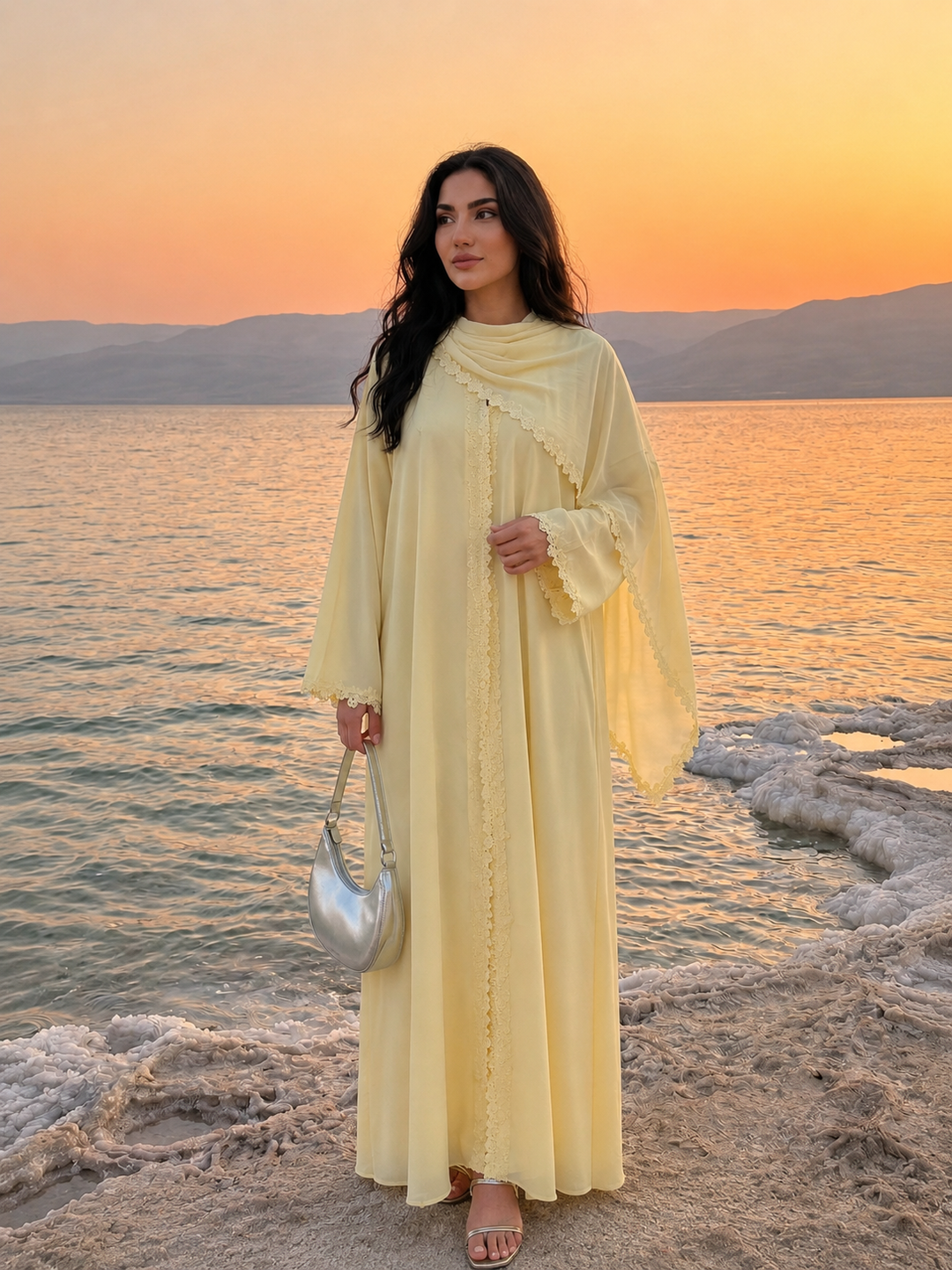 Butter Yellow Floral Trim Abaya and Hijab Set