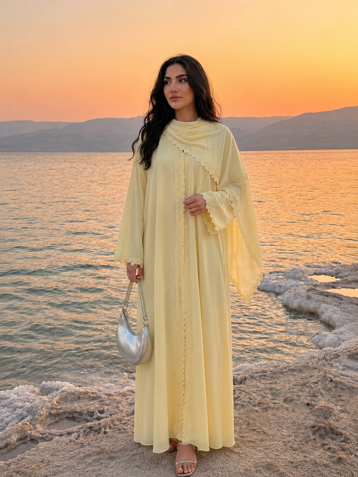 Butter Yellow Floral Trim Abaya and Hijab Set