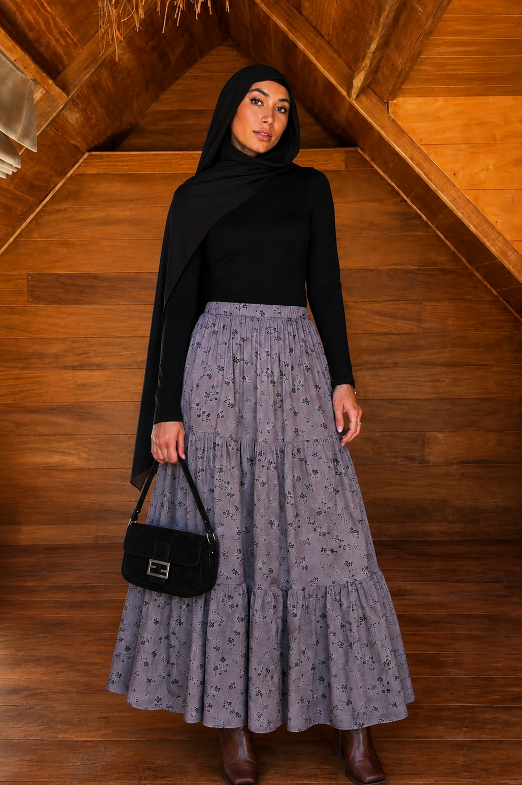 Gray Floral Tiered Maxi Skirt