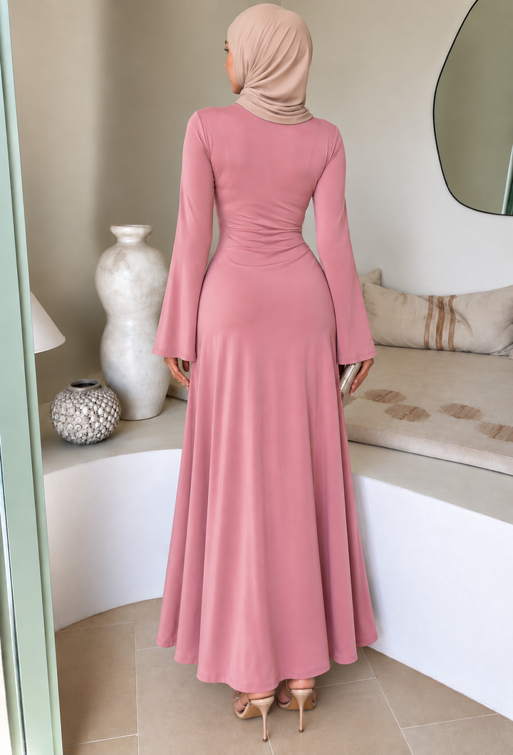 Pink Side Draped Buckle Maxi Dress