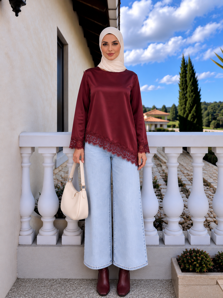 Maroon Satin Asymmetrical Shirt Top