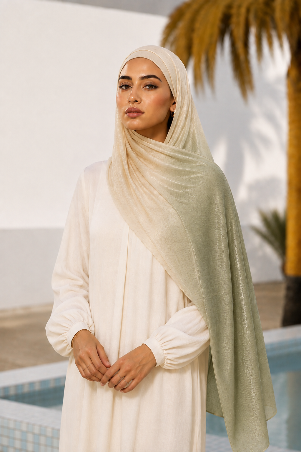Green and Beige Ombre Organza Hijab
