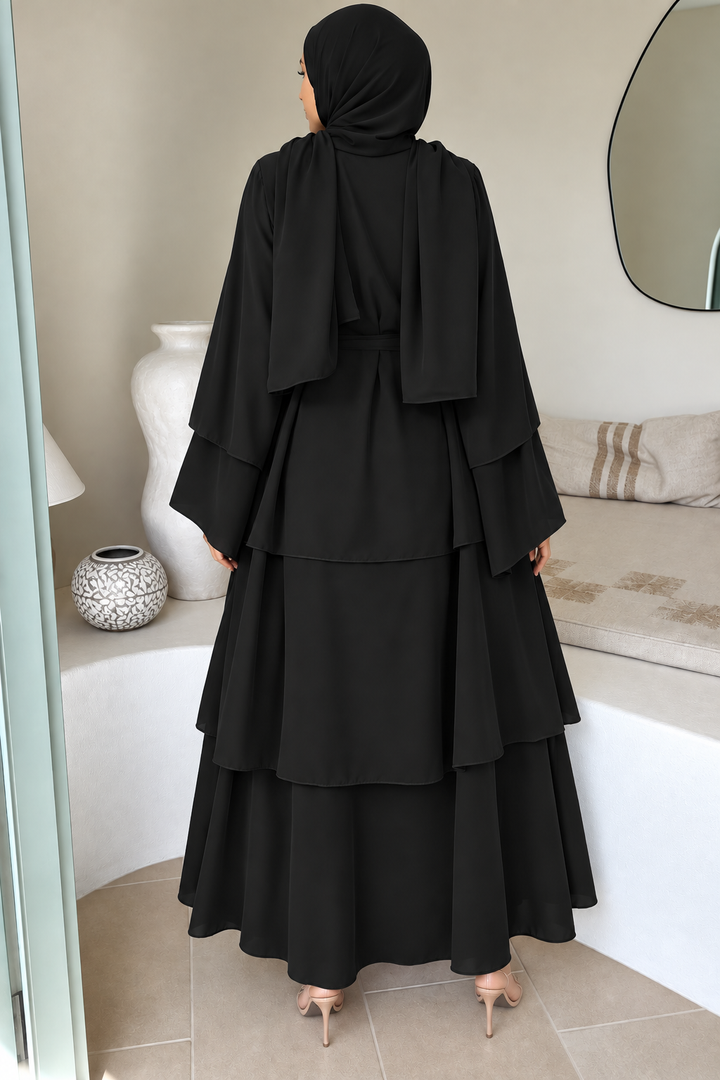 Black Tiered Open Abaya and Hijab Set