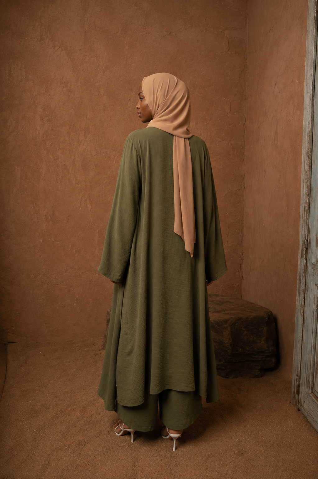 Olive Three Piece Pants Abaya Set