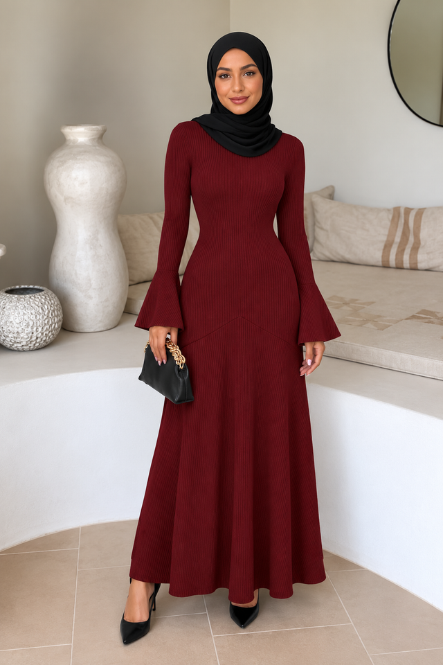 Maroon Flutter Sleeve Sweater Dress