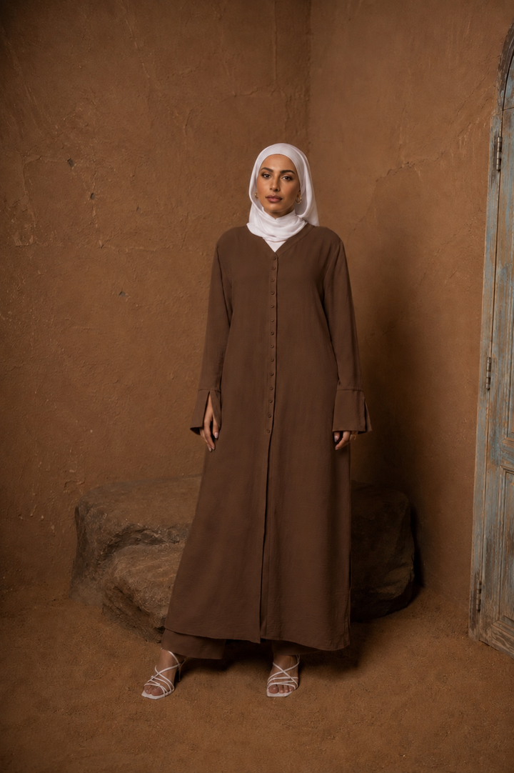 Brown Longline Abaya & Pants Set
