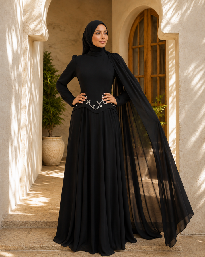 Woman wearing Black Long Sleeve Modest Maxi Gown by Urban Modesty