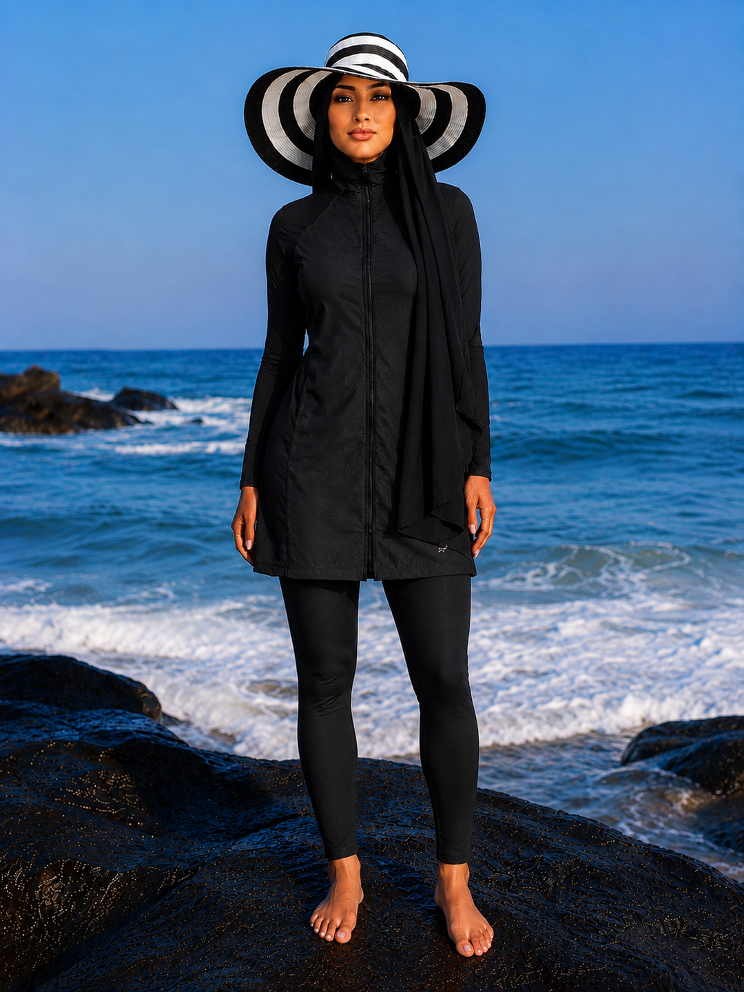 Black Zipper Modest Swimsuit
