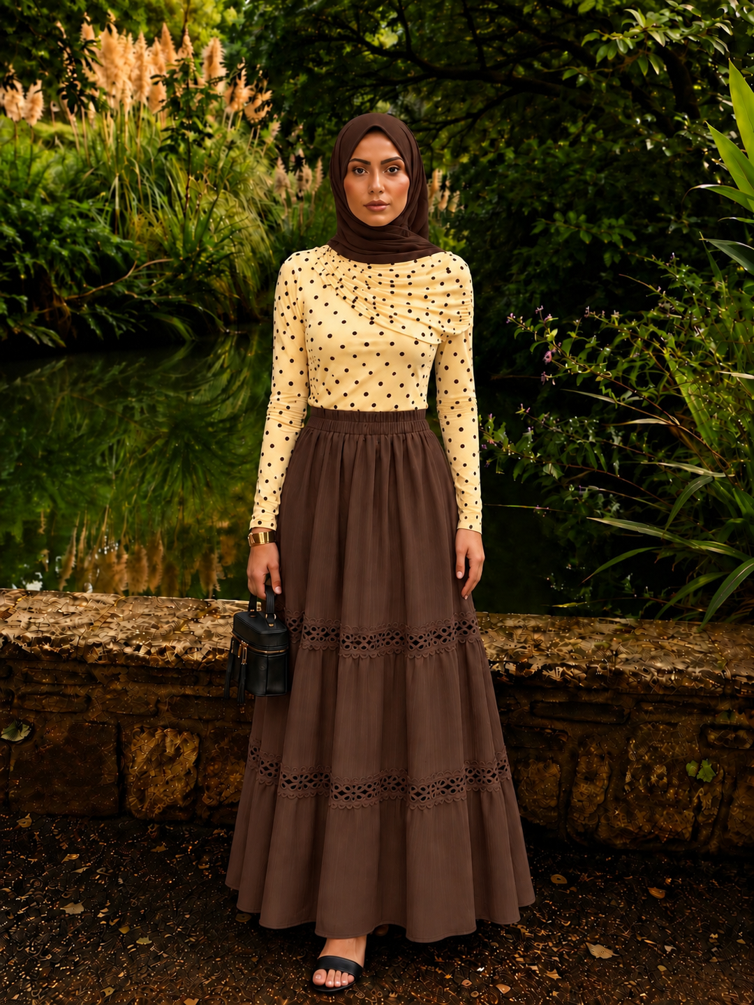 Brown Lace Tiered Maxi Skirt