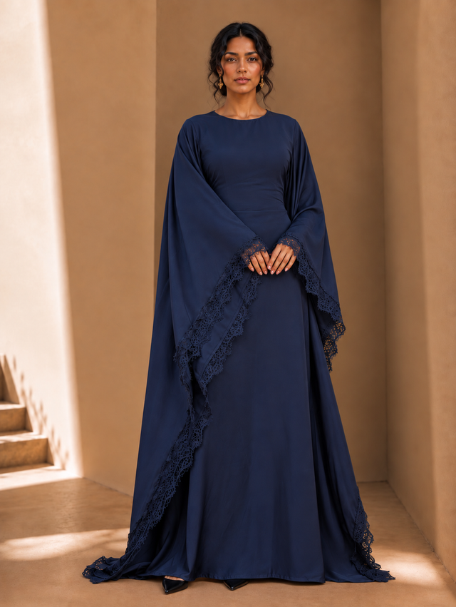 Blue Satin Lace Butterfly Abaya