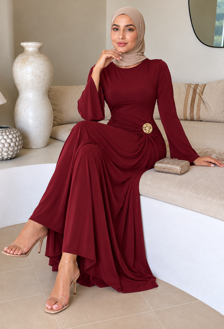 Maroon Side Draped Buckle Maxi Dress