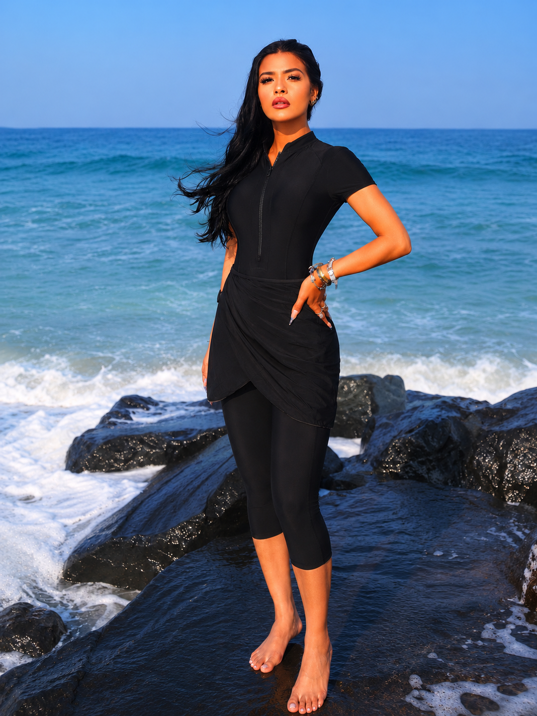 Black Short Sleeve Swimsuit