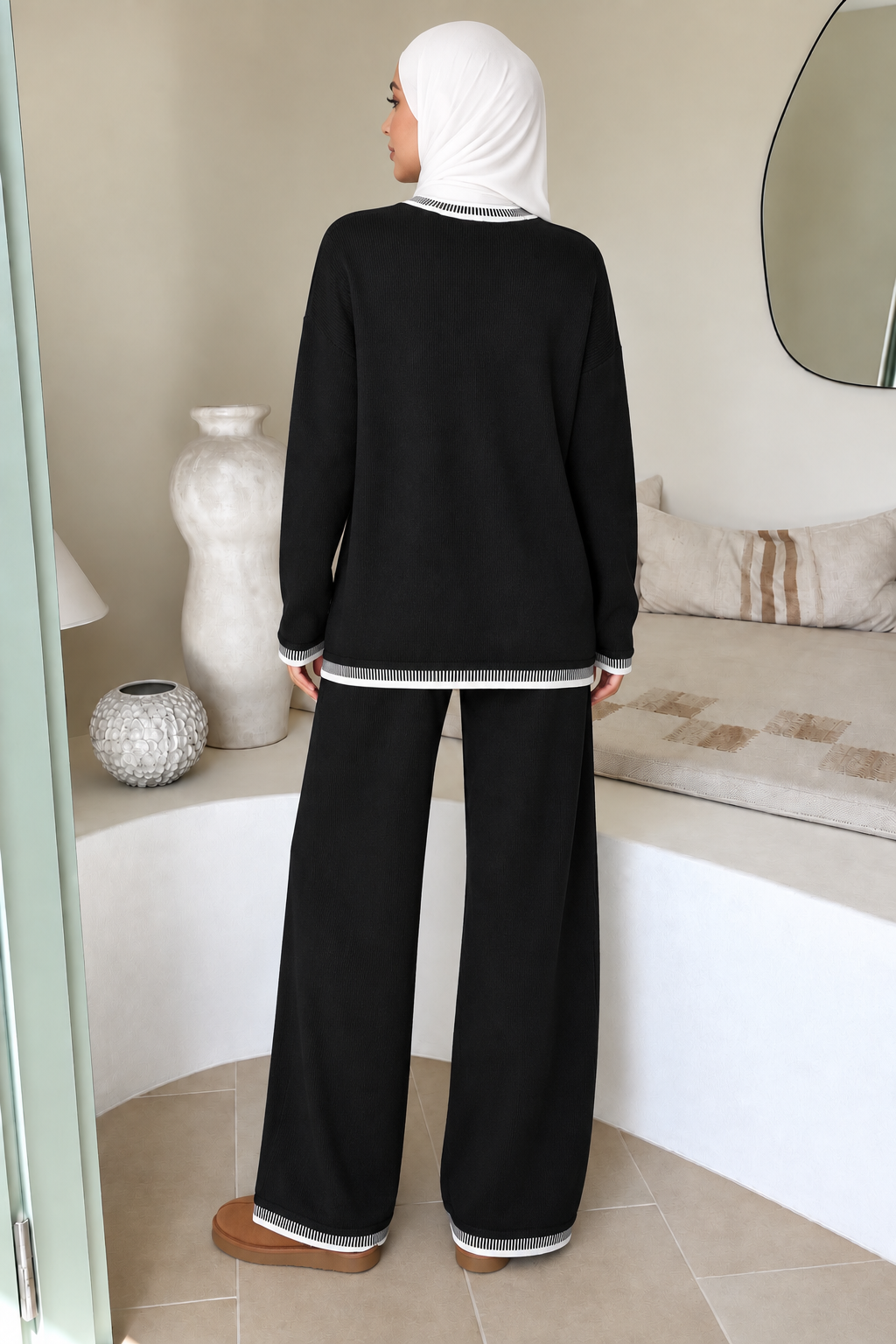 Black and White trim Sweater and Pant Set