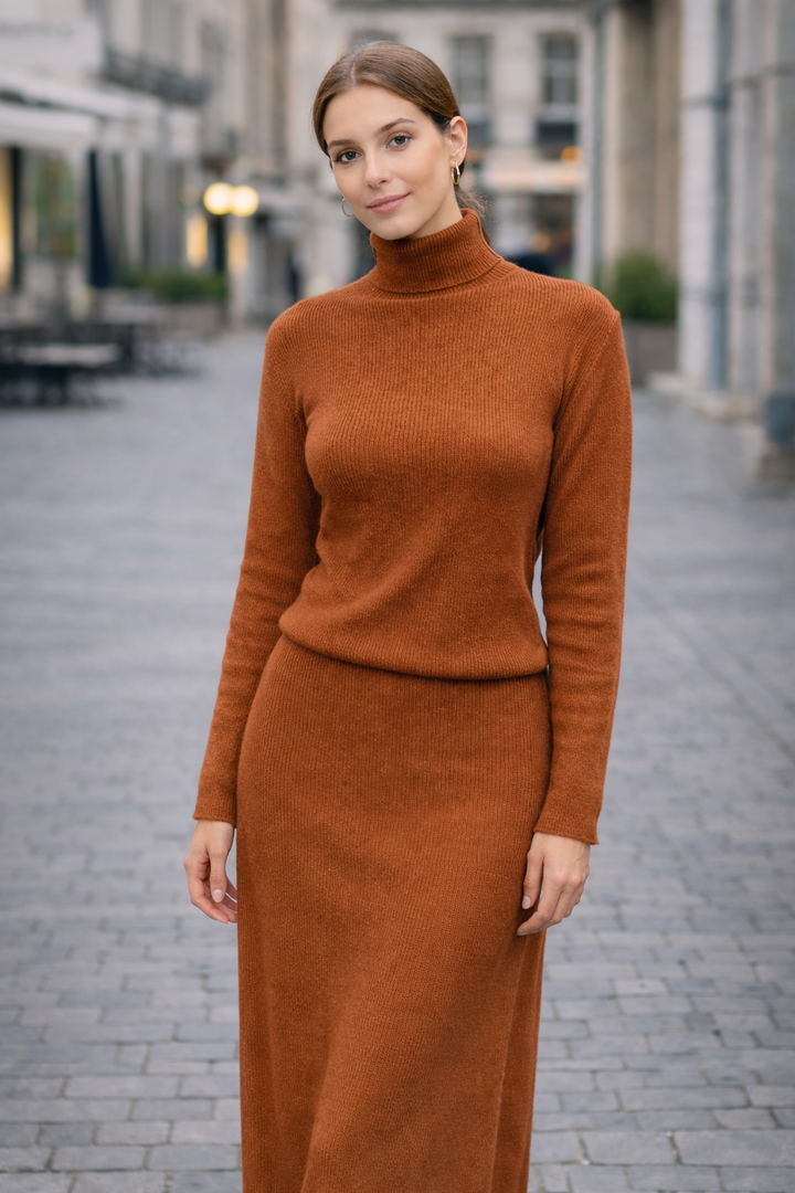 Woman wearing a brown 2 Piece Sweater Skirt Set, perfect for adding sophistication and elegance to any wardrobe look.
