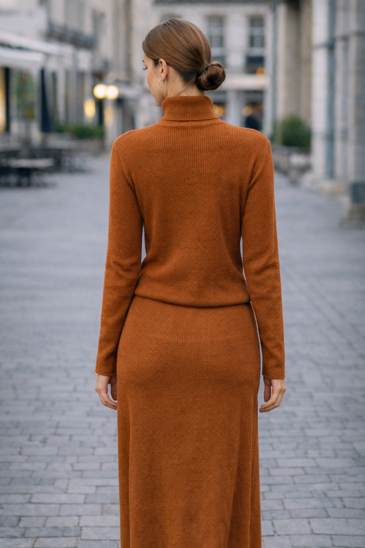 Model wearing 2 Piece Sweater Skirt Set in orange, showing a chic and sophisticated style with bell sleeves and drawstring waistband.