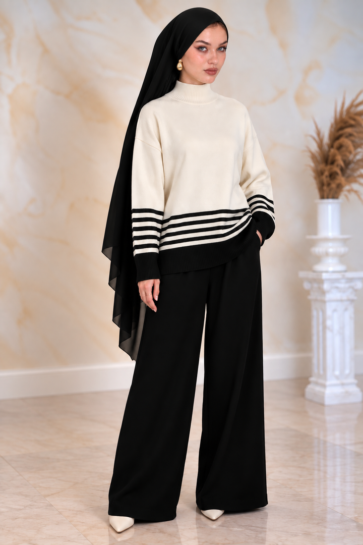 Cream and Black Knit and Pant Set