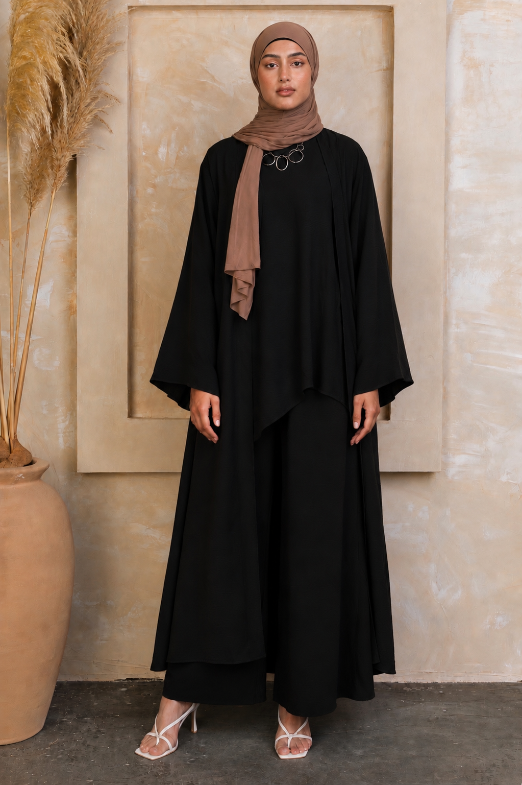 Black Three Piece Pants Abaya Set