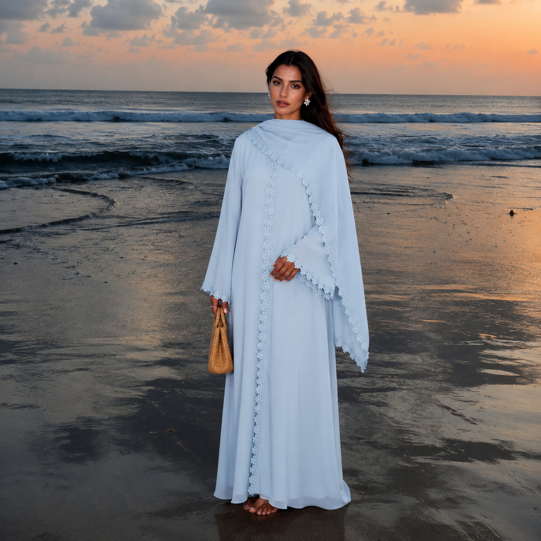 Woman wearing Blue Floral Trim Open Abaya and Hijab Set by Urban Modesty