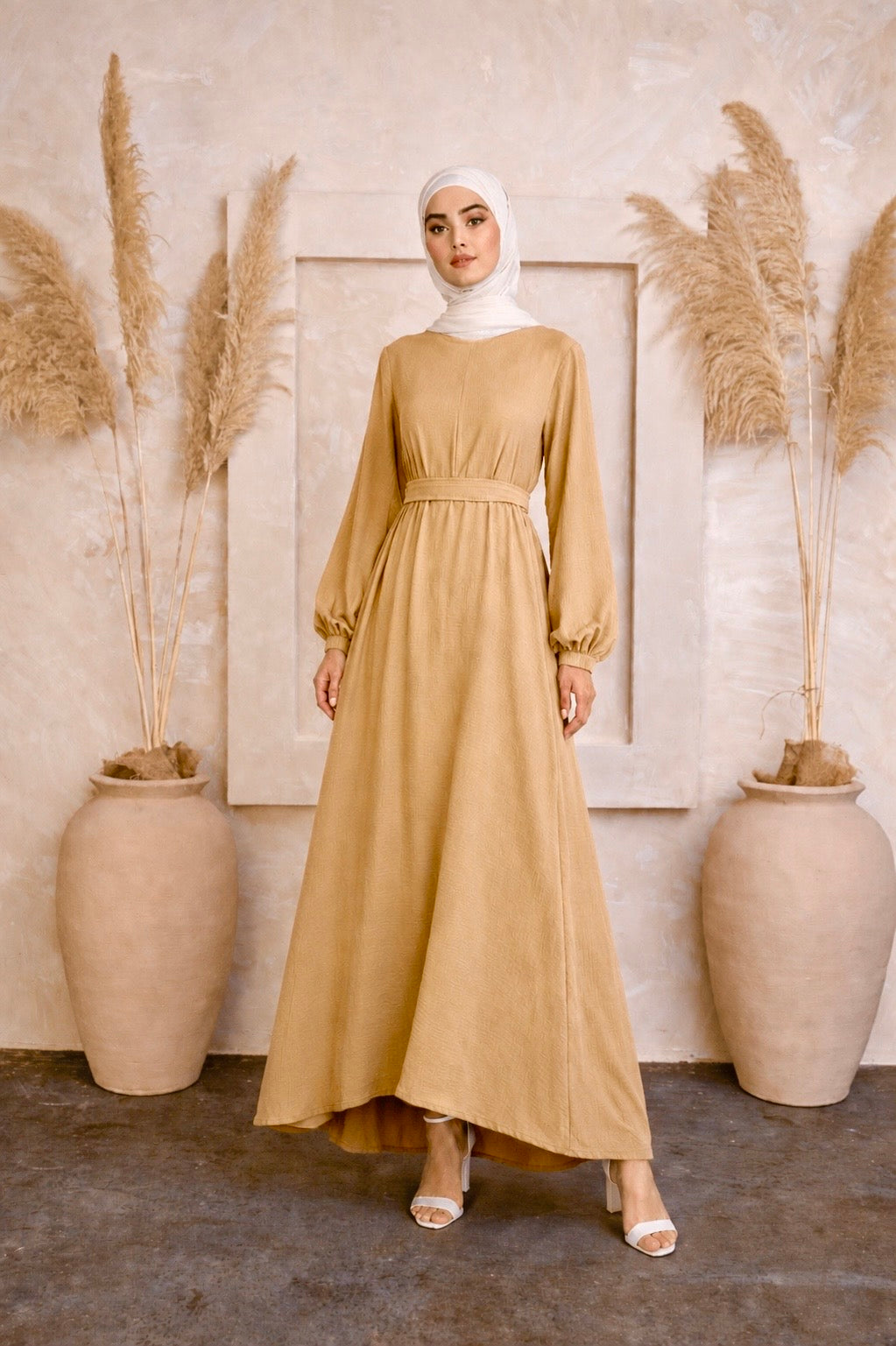Woman wearing Khaki Belt Sheath Abaya Maxi Dress by Urban Modesty